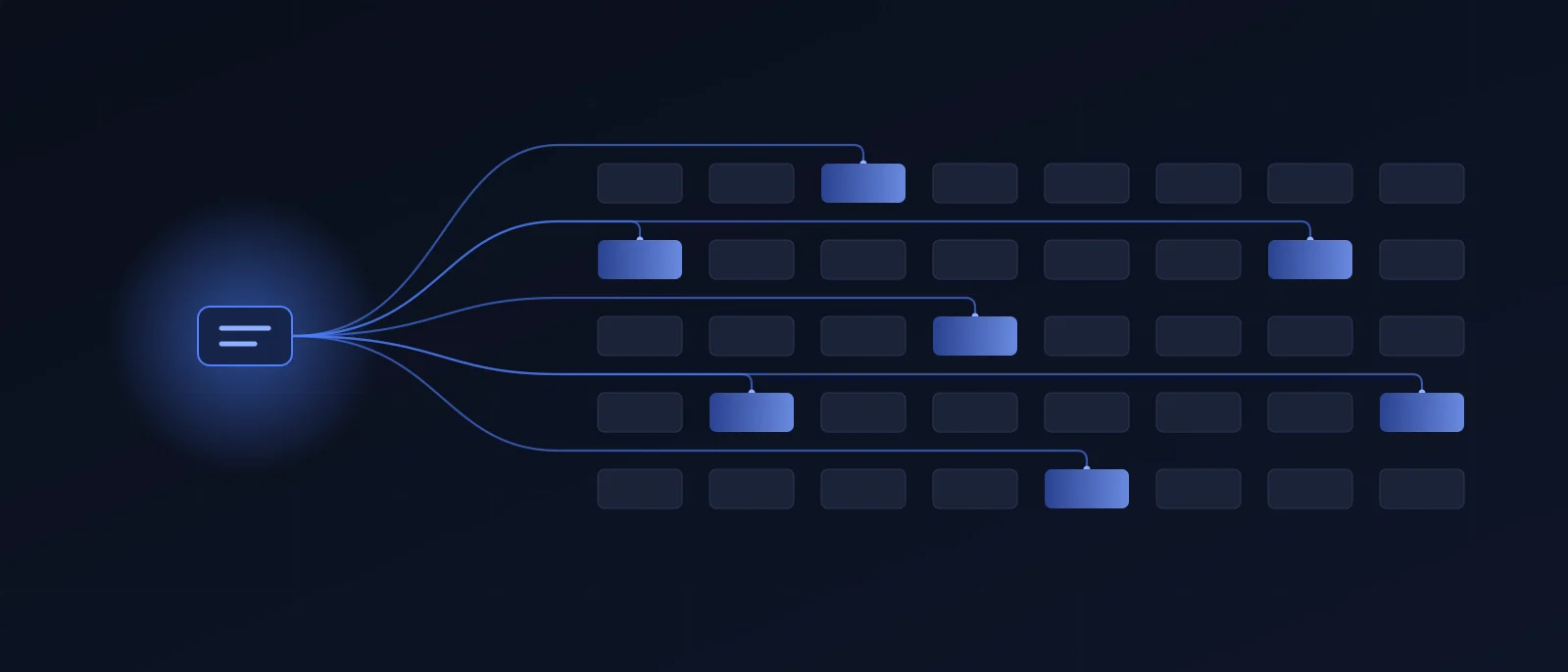 A single diff node on the left sends traces through a grid of test tiles; only the seven tiles it actually reaches light up, the rest stay dark.