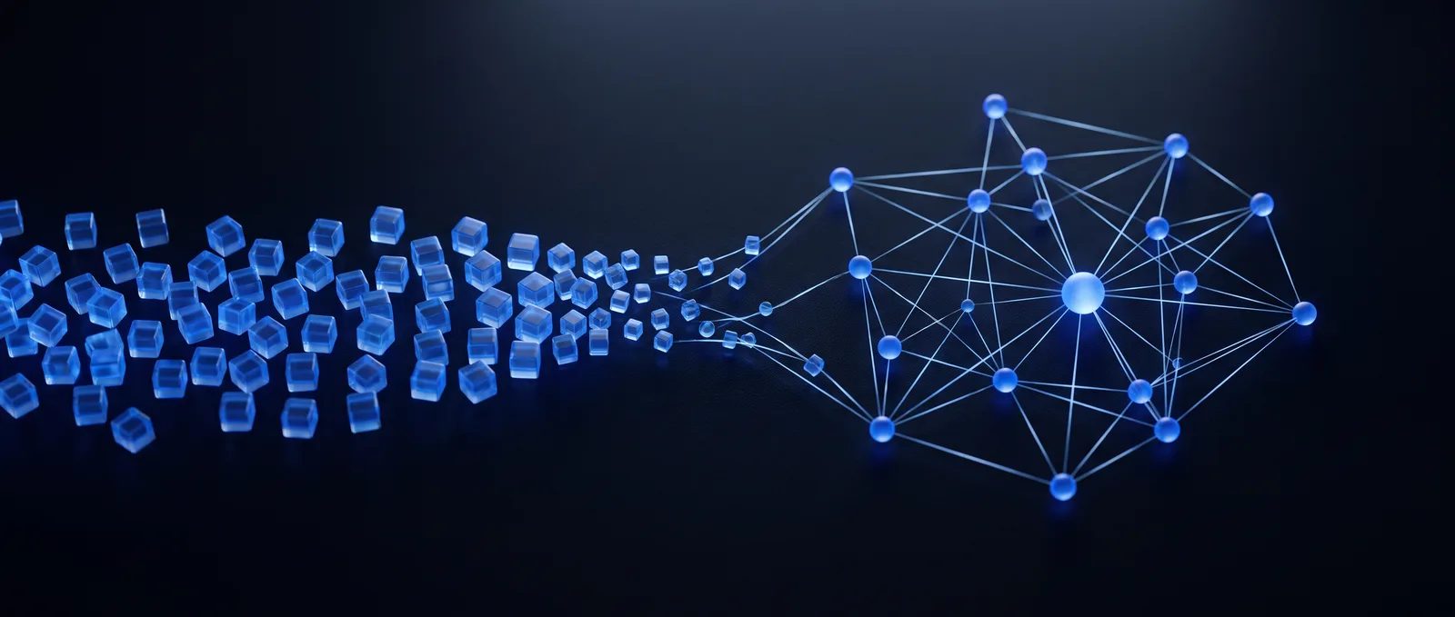 A scattered field of token squares on the left collapses into a compact, connected code graph on the right.